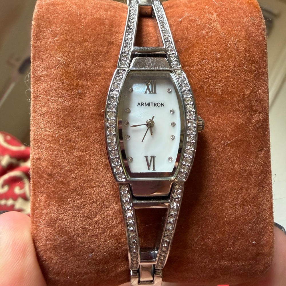 Armitron Women's Silver Swarovski Accented Bracelet Watch - White Dial